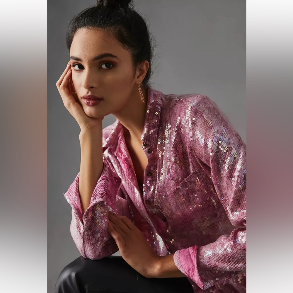 Women Anthropologie Pink Sequin Button-Front Blouse Shirt Holiday Evening Small